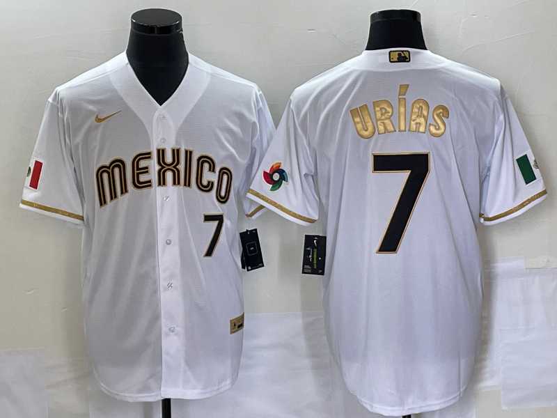 Mens Mexico Baseball #7 Julio Urias Number 2023 White Gold World Baseball Classic Stitched Jersey->2023 world baseball classic->MLB Jersey